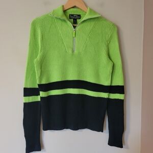Ralph Lauren Lauren Active Cotton Knit Retro Lime Green Stripe Zip Sweater Small